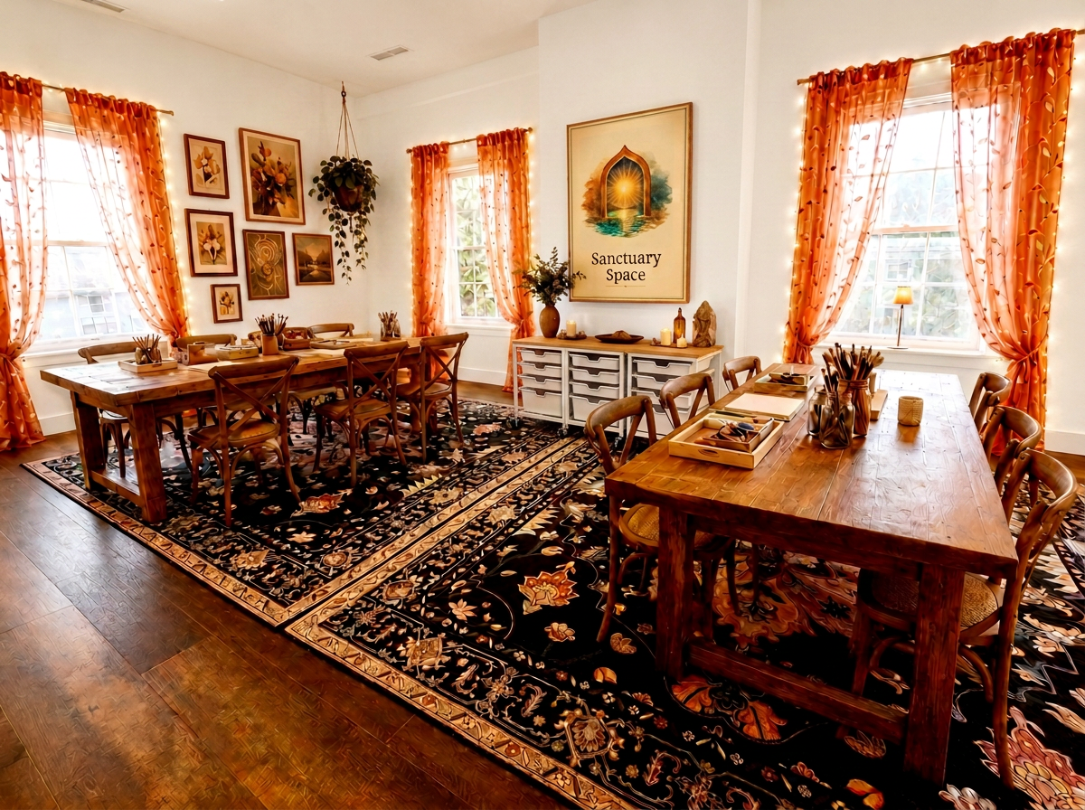 Sanctuary Space studio — long wooden art tables, glowing curtains, and the Sanctuary Space tapestry hanging on the wall