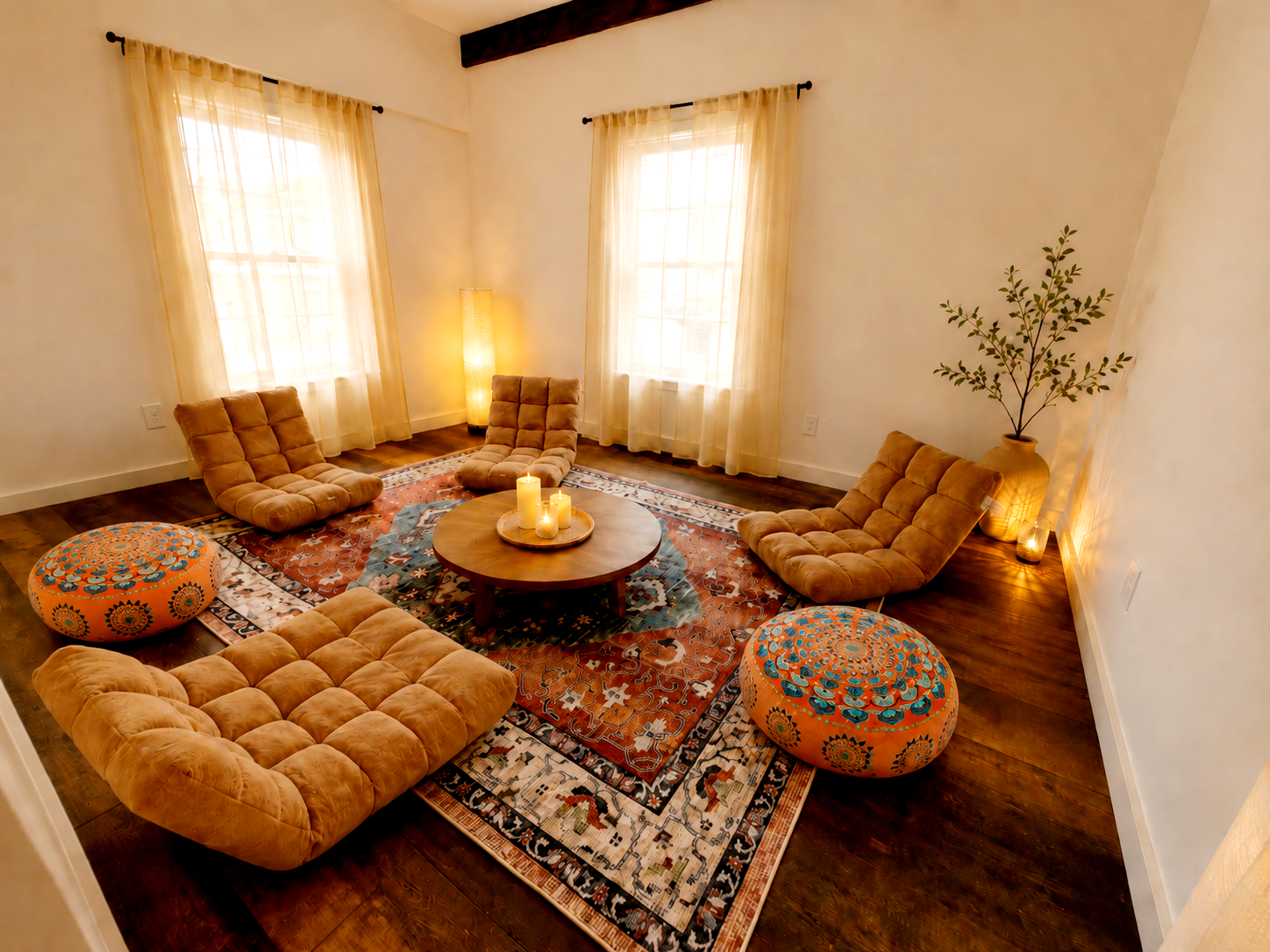 A sunlit studio lounge with floor cushions, cream curtains, and warm natural light