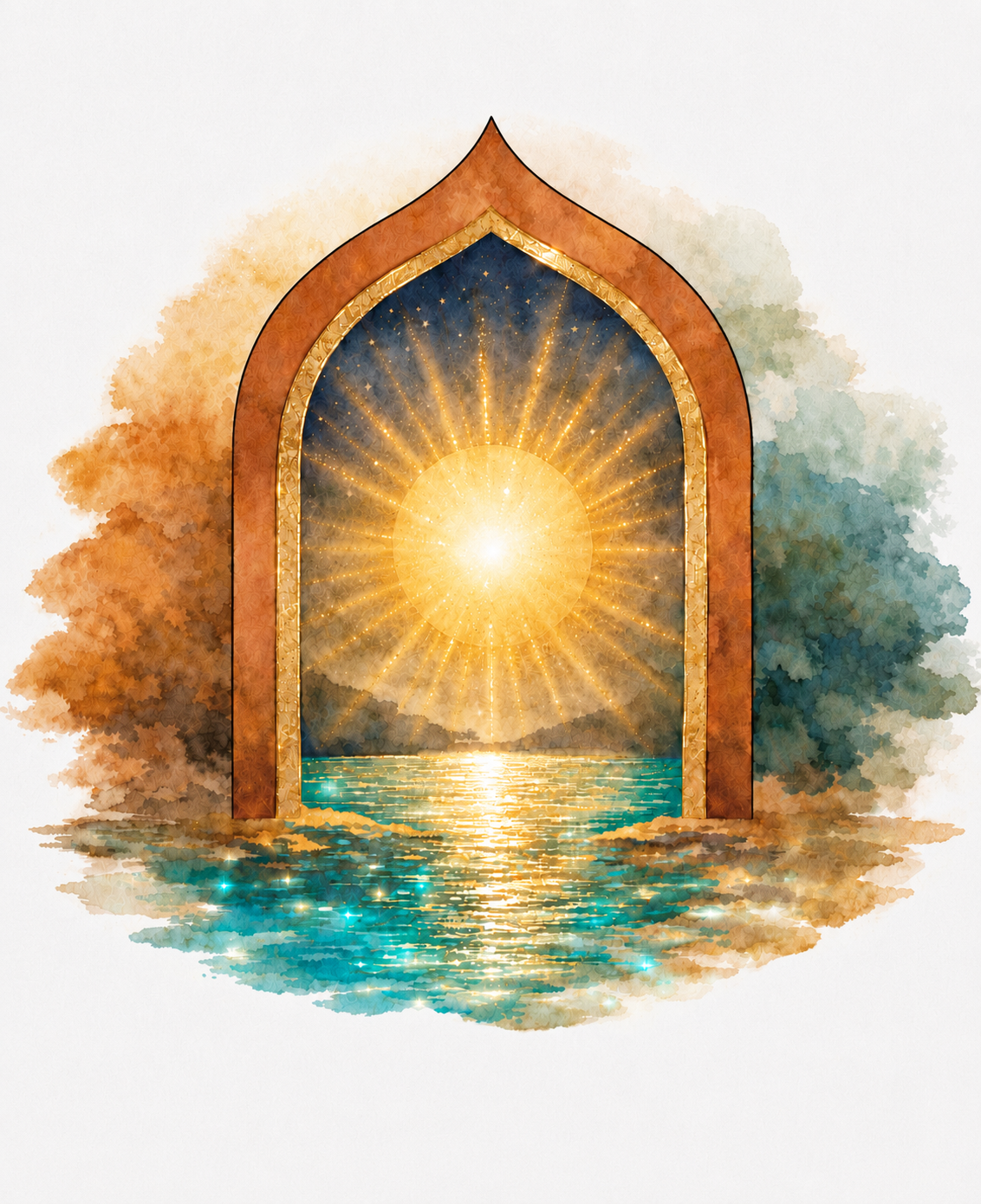 Sanctuary Space — watercolor archway opening over a luminous sea
