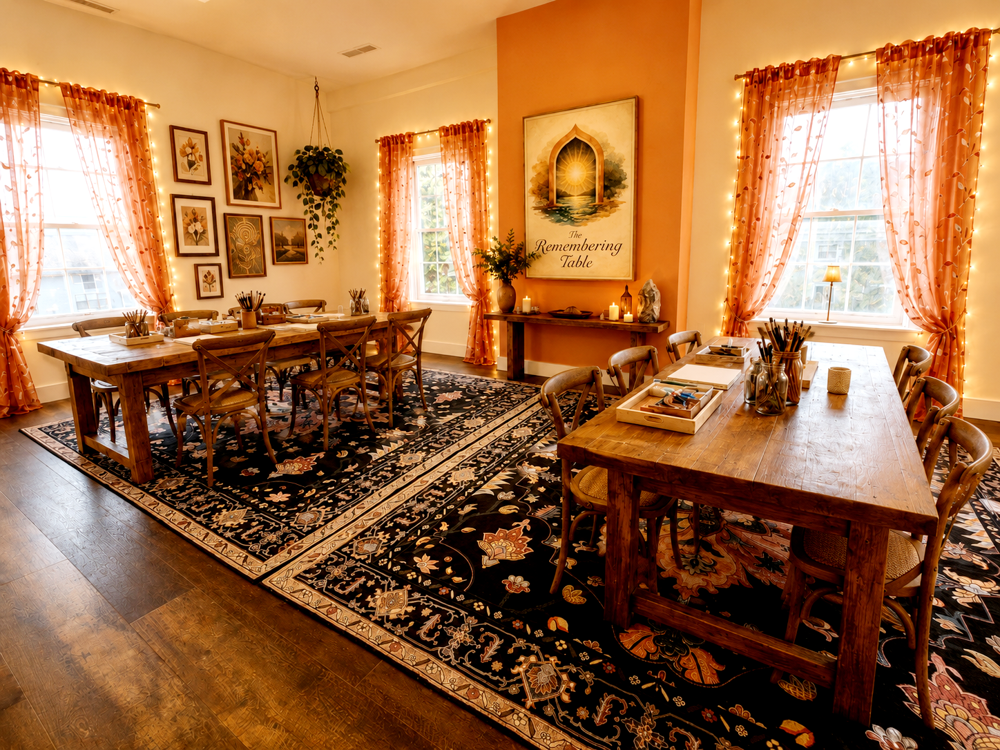 The Remembering Table — long wooden art tables, glowing curtains, and a sun-rising tapestry inside Sanctuary Space