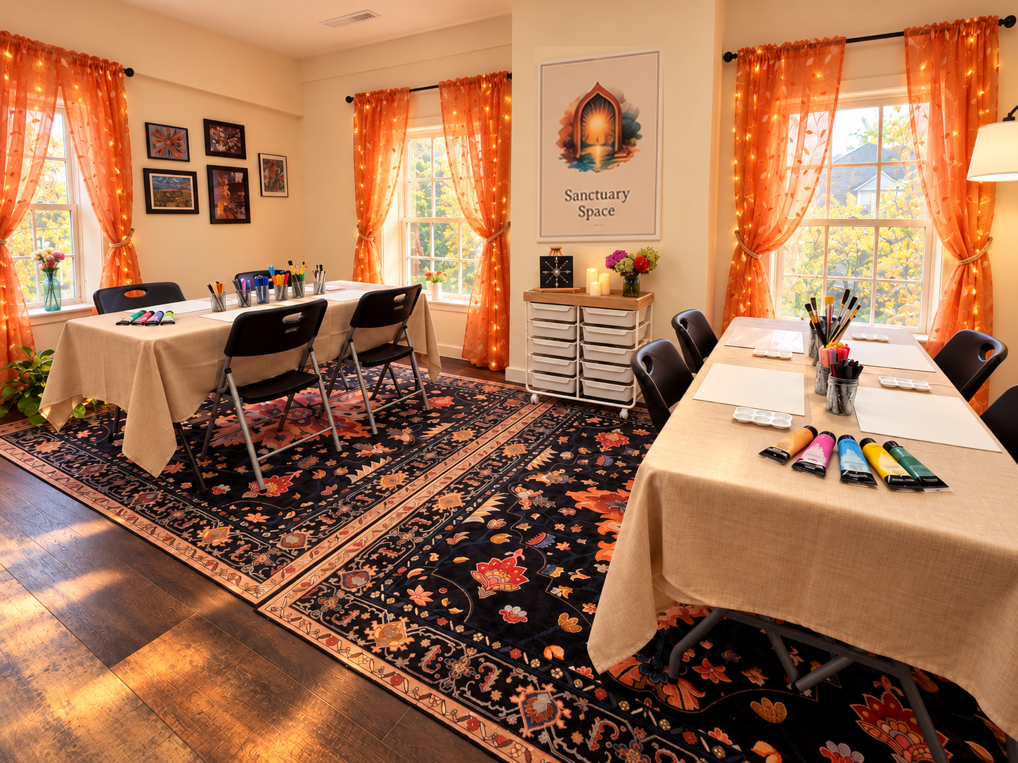 Sanctuary Space studio — art tables with oatmeal tablecloths and black folding chairs, orange curtains with warm fairy lights, an art cart, and the Sanctuary Space print on the wall